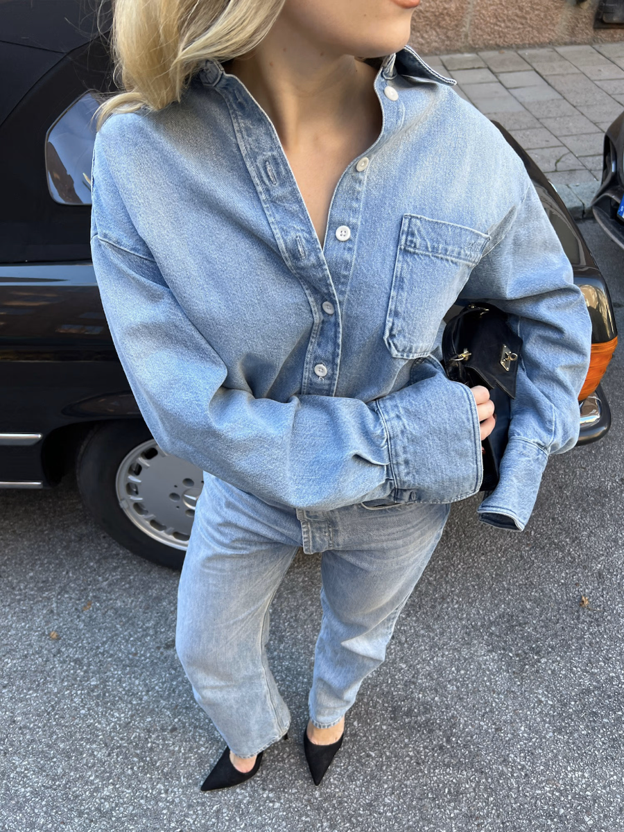 Light Wash Oversized Denim Button-Down Shirt