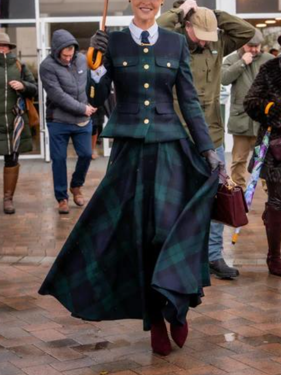 Dark Green Tartan Riding Blazer + Maxi Skirt Set