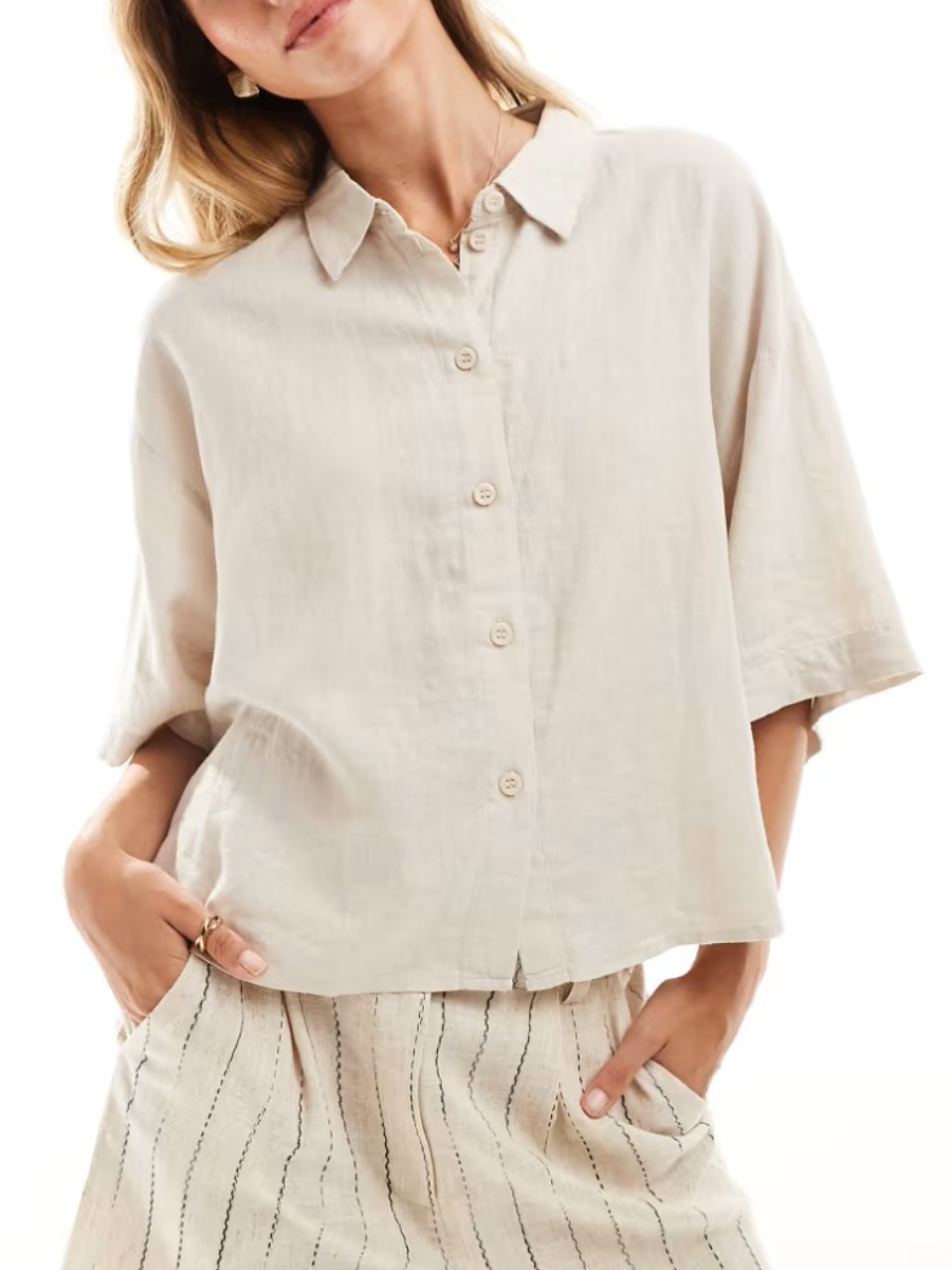 Beige Oversized Linen Button-Up Shirt