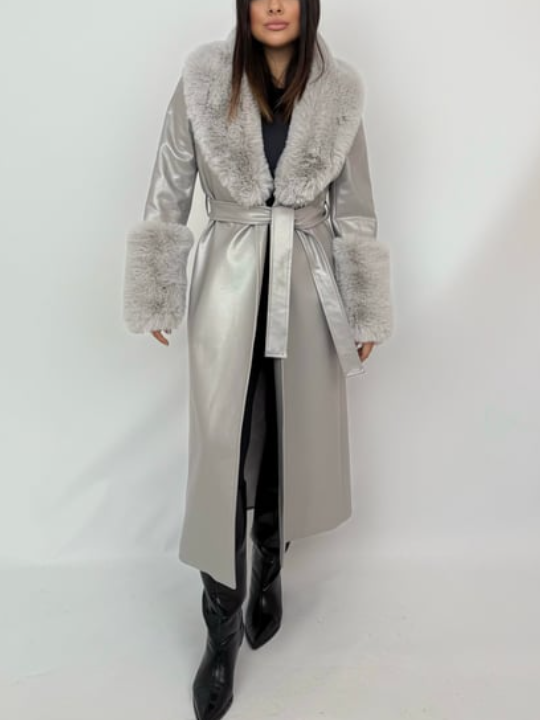 Silver Faux Fur-Trimmed Coat