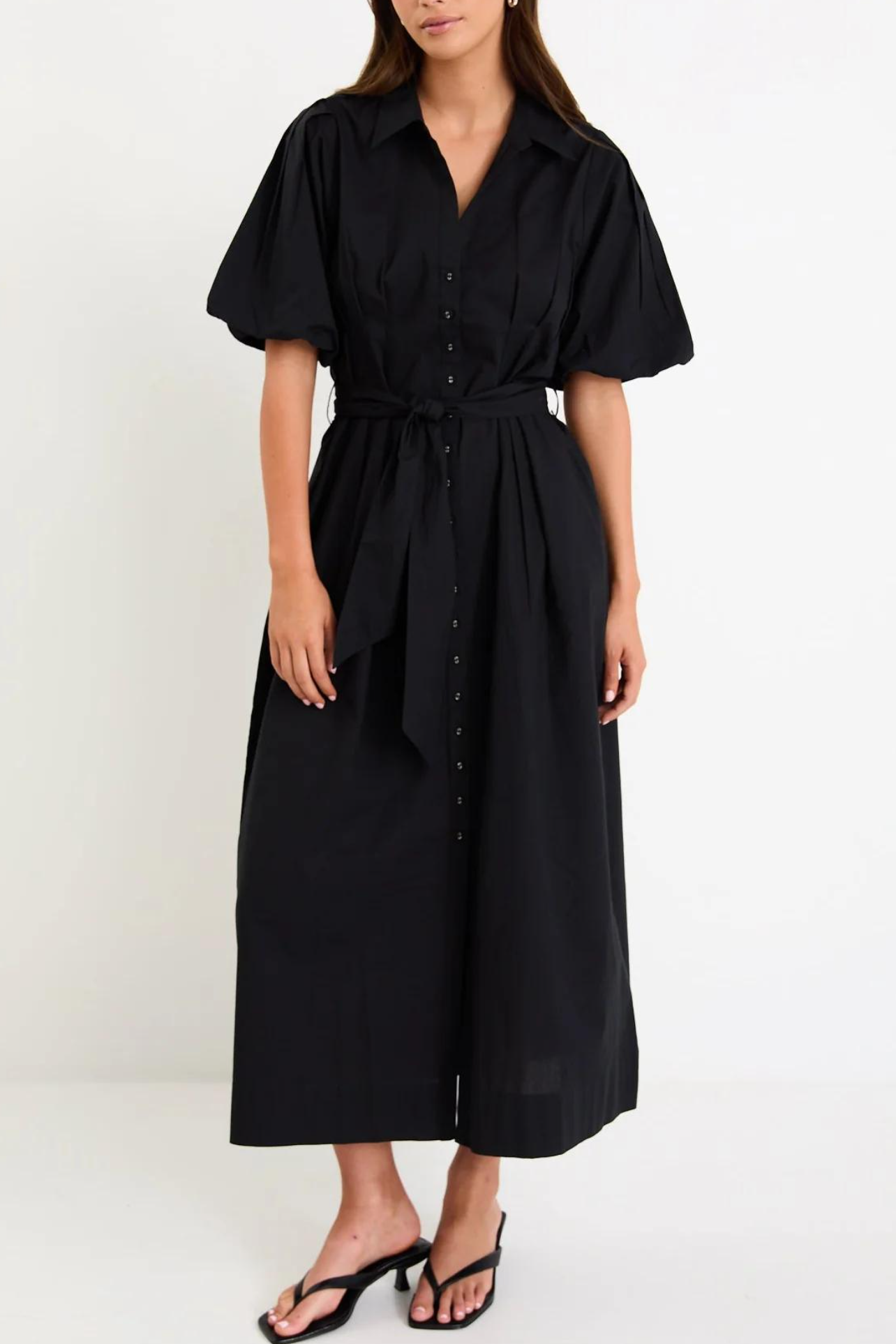Black Belted Puff Sleeve Midi Shirt Dress