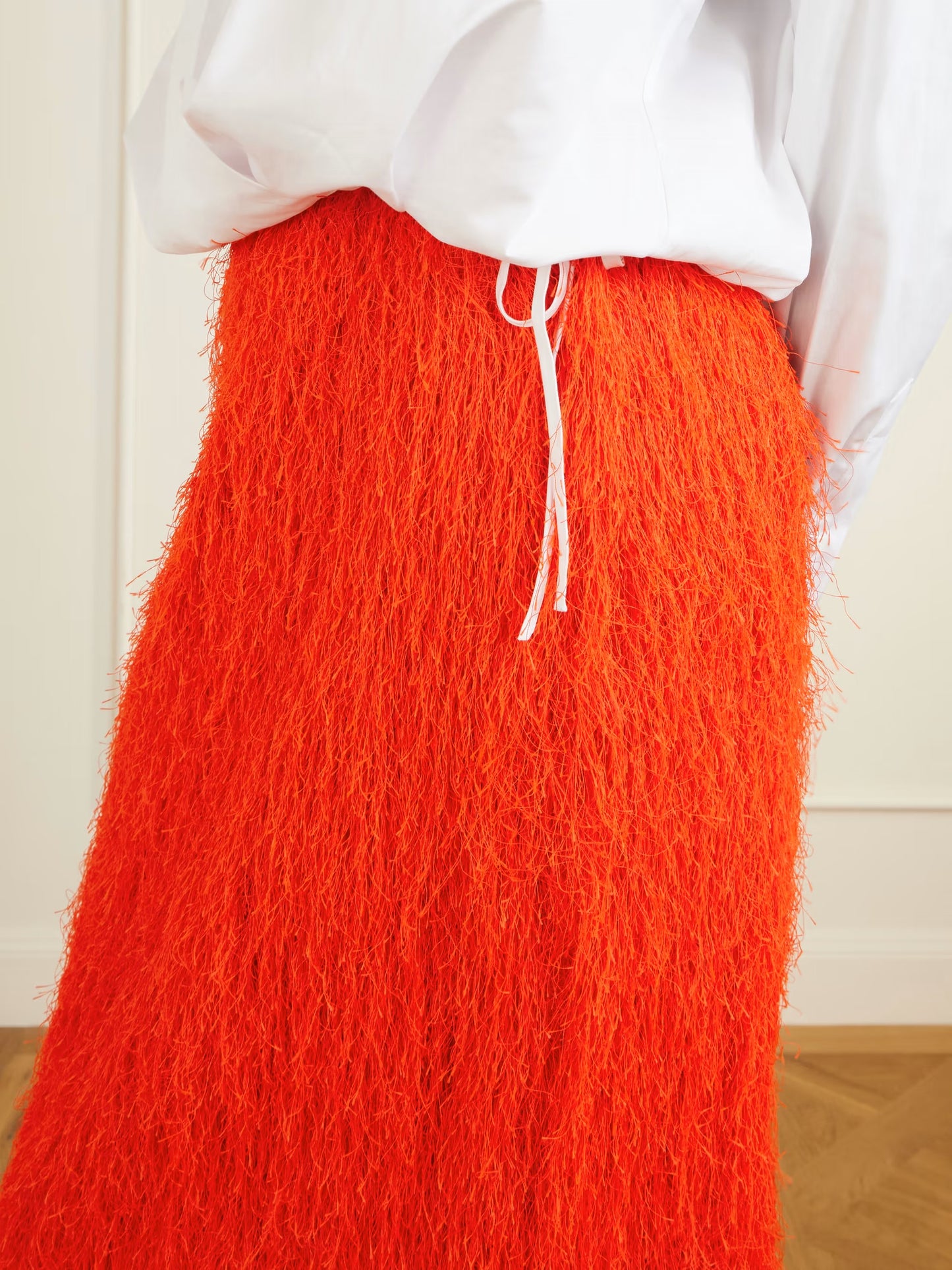 Orange Fringed High-Waisted Midi Skirt