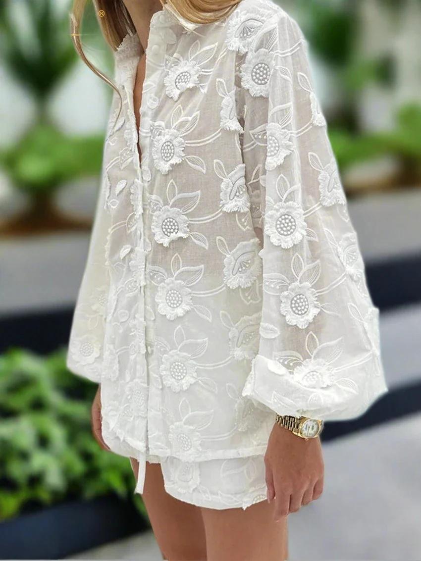 White 3D Floral Embroidered Oversized Button-Down Shirt