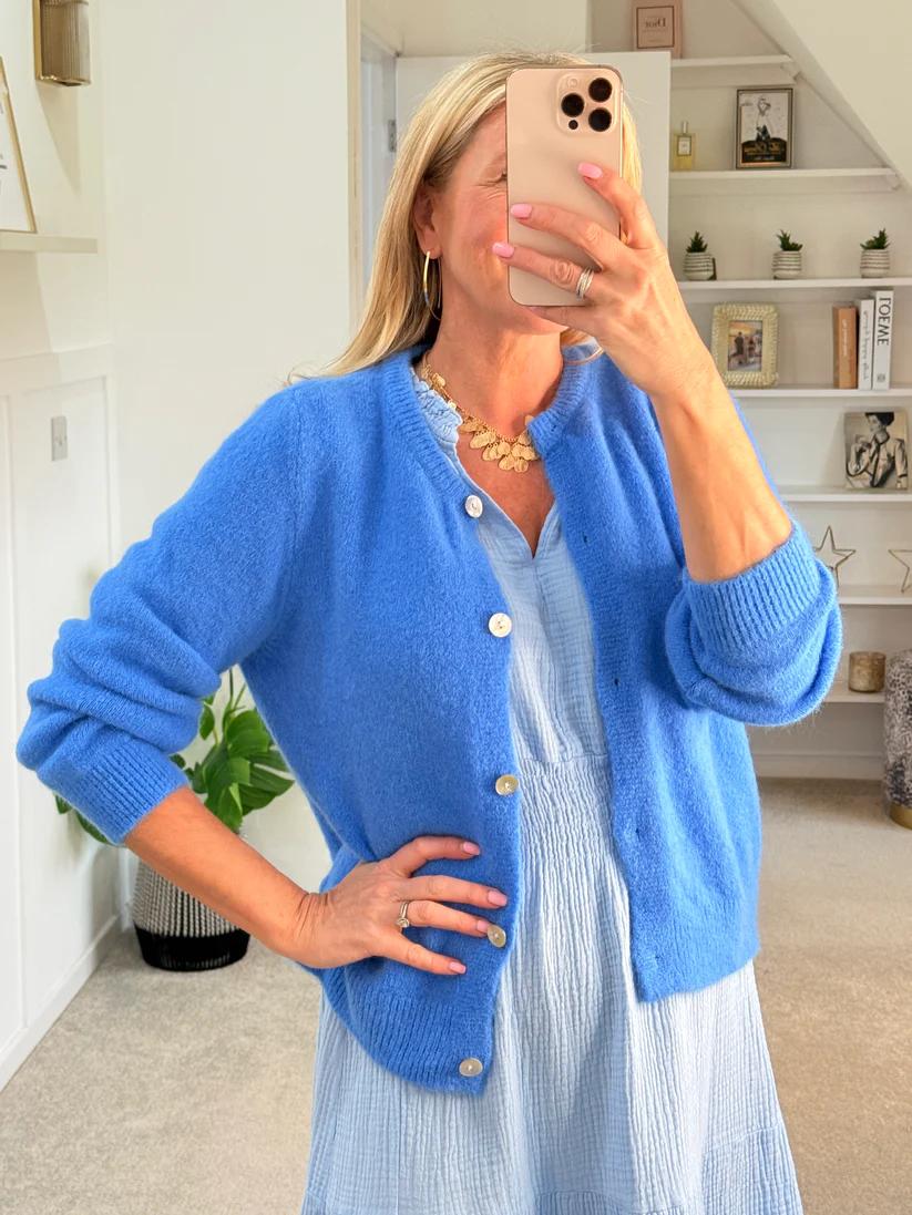 Vibrant Blue Fuzzy Knit Button-Down Cardigan