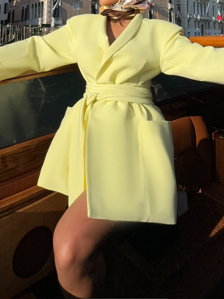 Double Rounded Collar  Drop Shoulder Belted Blazer