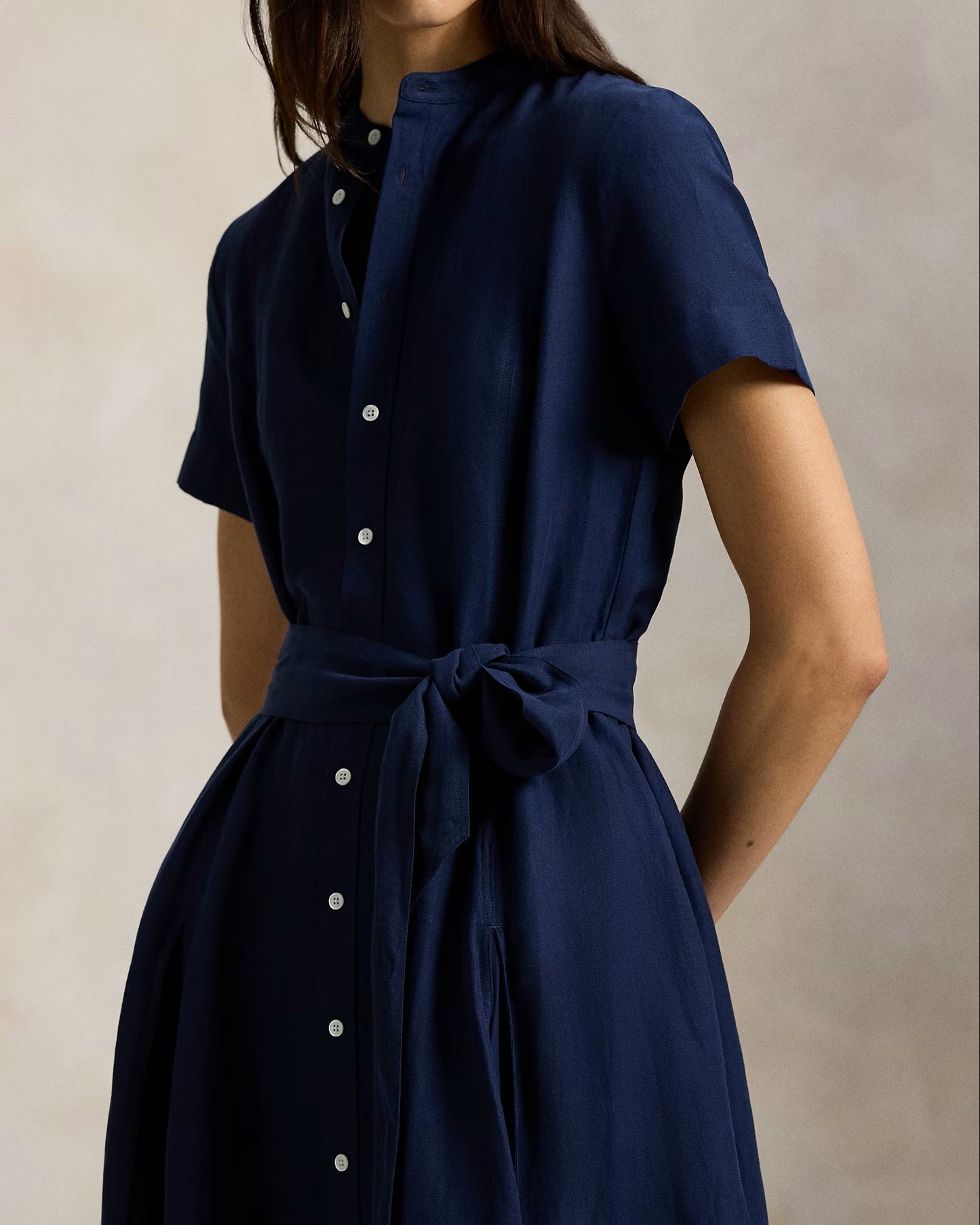 Navy Blue Linen Belted Midi Shirt Dress