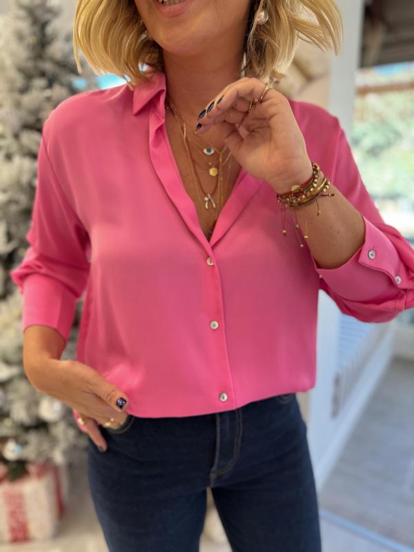 Hot Pink Silky Notch Collar Button-Down Blouse