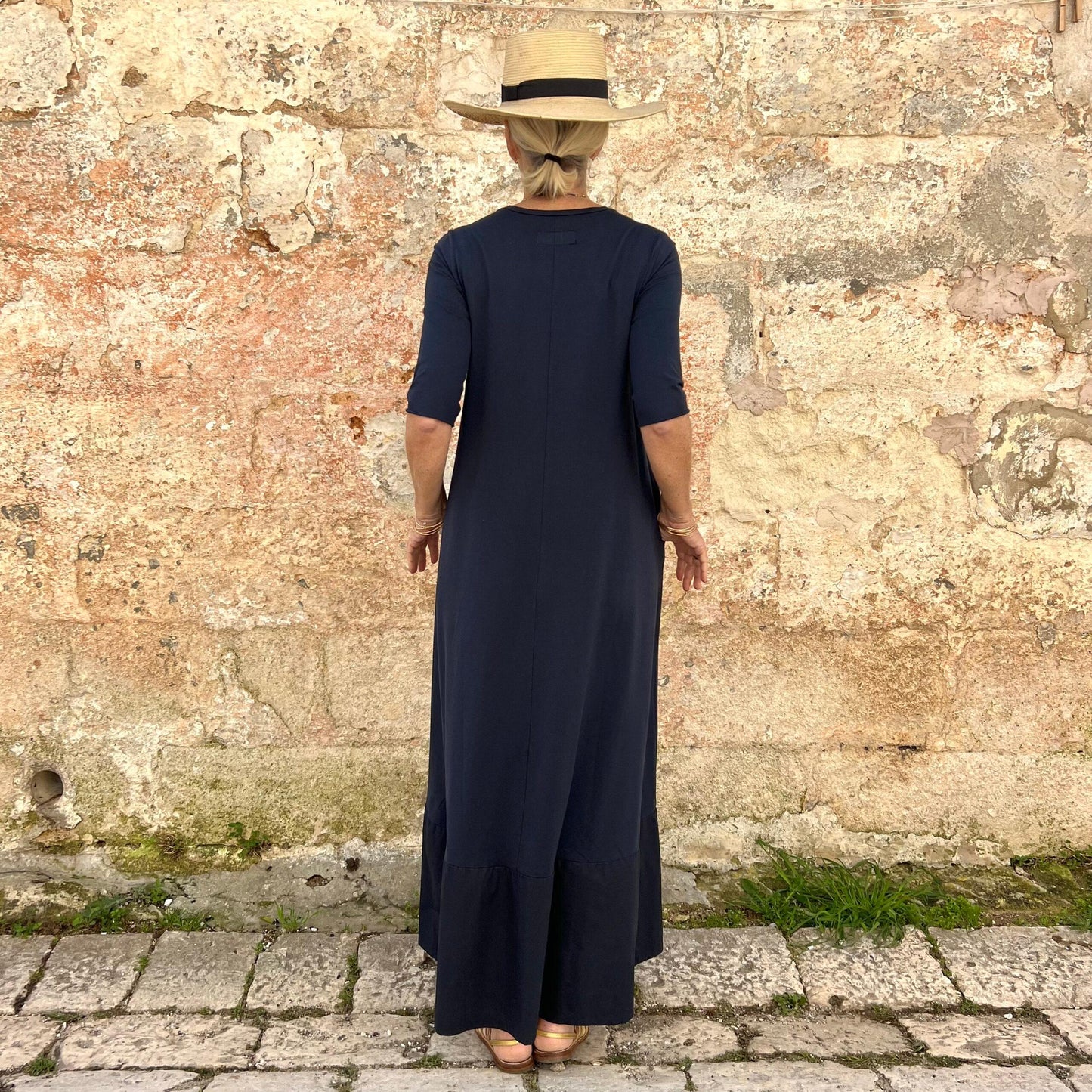 Navy Blue Minimalist A-Line Maxi Dress