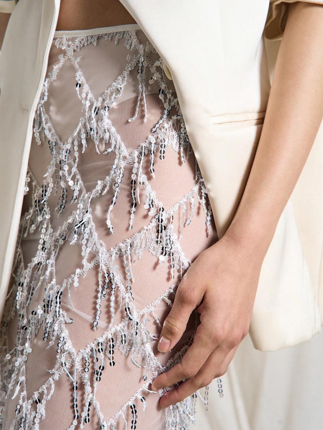 Sheer Mesh Diamond Sequin Fringe Midi Skirt
