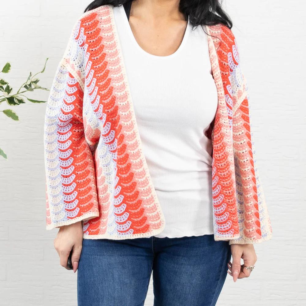Retro Wave Pattern Open-Front Knit Cardigan