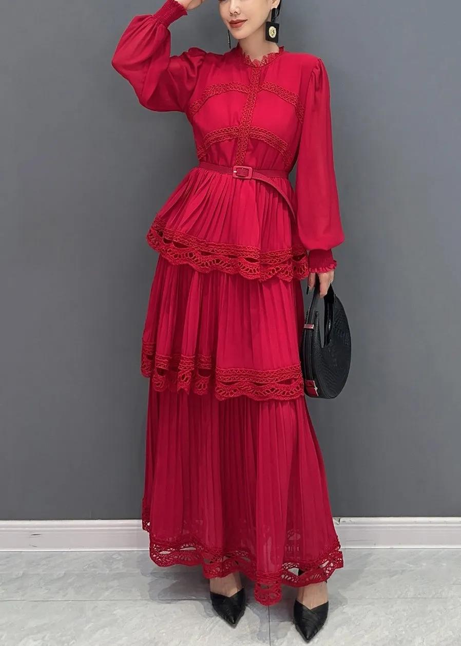 Red Lace-Trimmed Tiered Pleated Maxi Dress