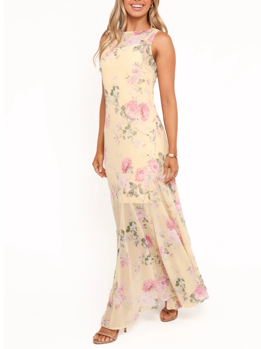 Yellow Pink Floral Chiffon Maxi Dress