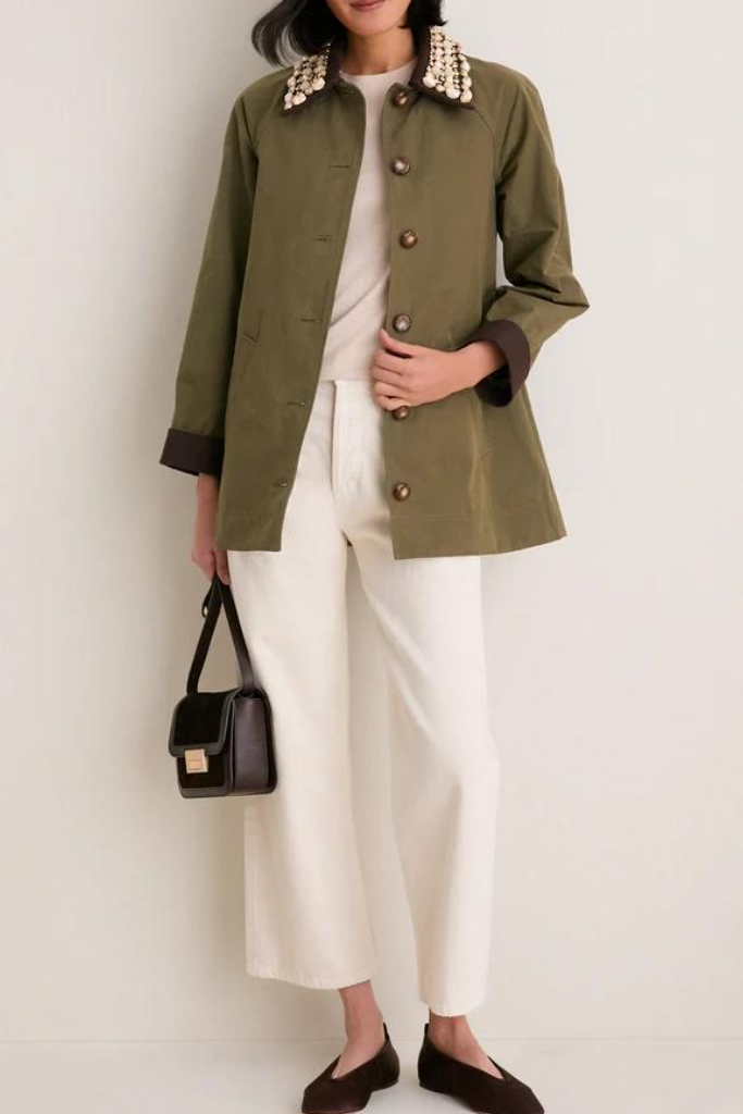 Olive Green Embellished Collar Belted Trench Coat