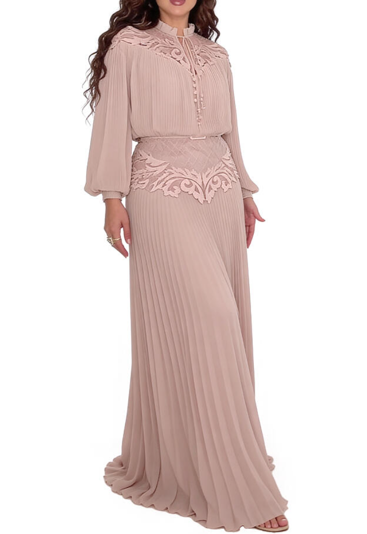Blush Pleated Lace Maxi Dress