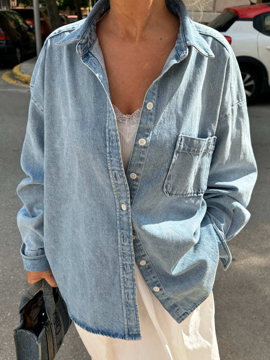 Light Wash Oversized Denim Button-Down Shirt