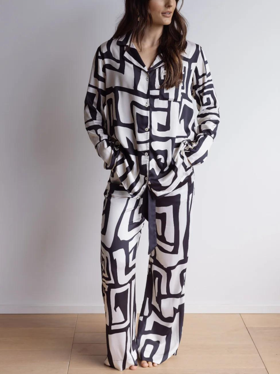 Black & Cream Abstract Print Satin Loungewear Set