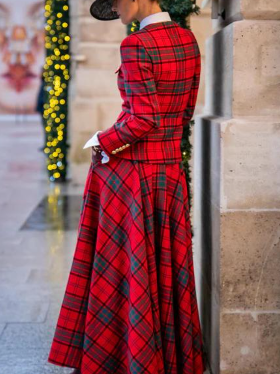 Red Tartan Full A-Line Midi Skirt