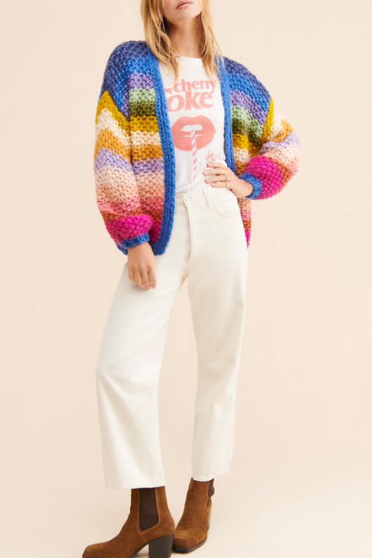 Rainbow Stripe Chunky Knit Open-Front Cardigan