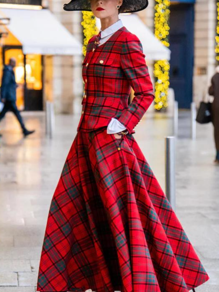 Red Tartan Full A-Line Midi Skirt