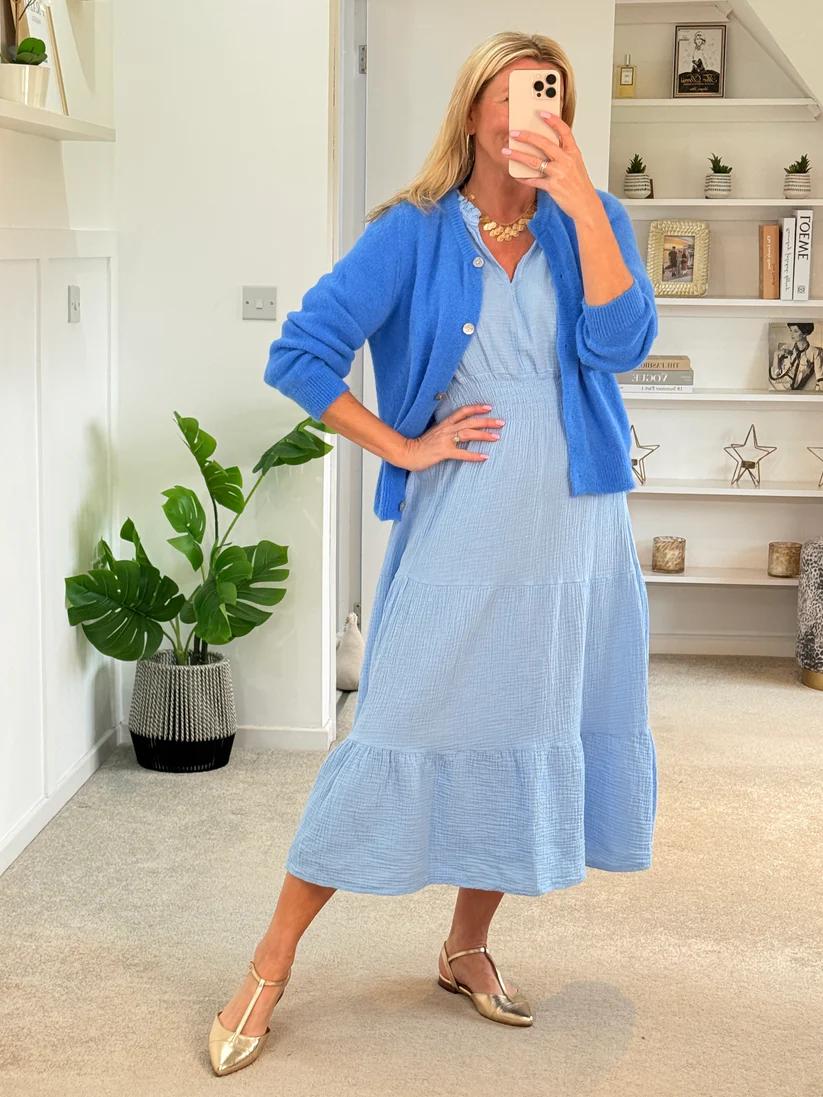 Vibrant Blue Fuzzy Knit Button-Down Cardigan