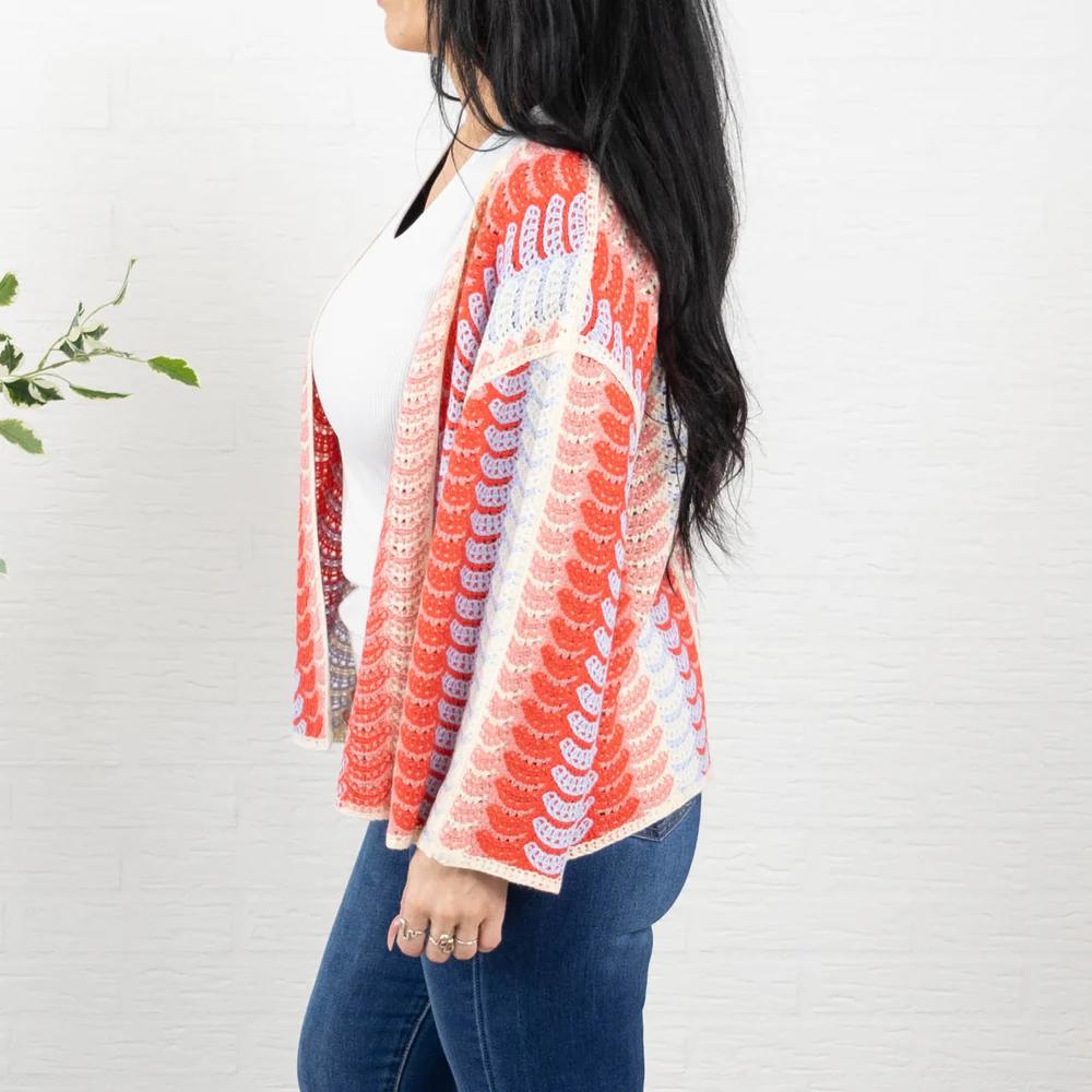Retro Wave Pattern Open-Front Knit Cardigan