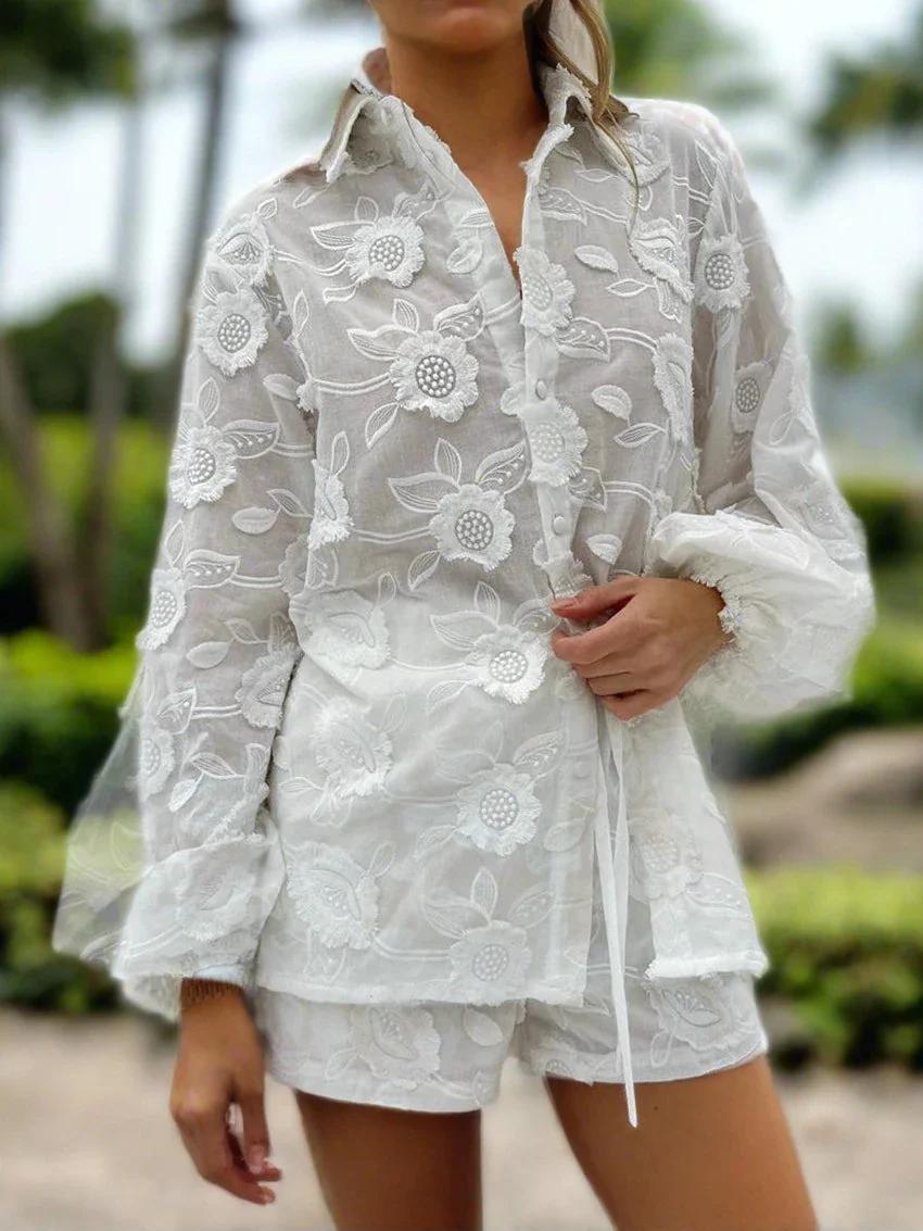 White 3D Floral Embroidered Oversized Button-Down Shirt