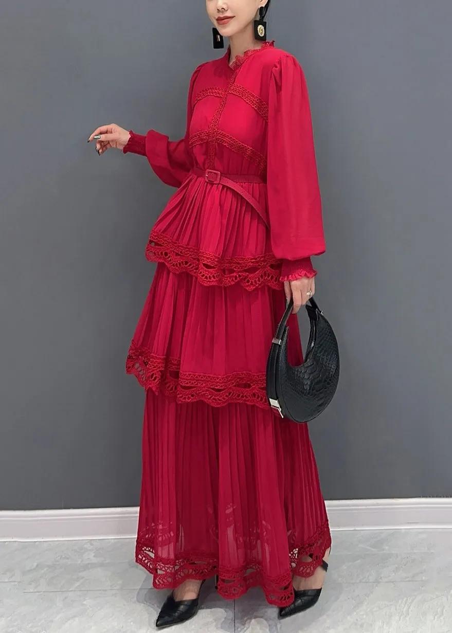 Red Lace-Trimmed Tiered Pleated Maxi Dress