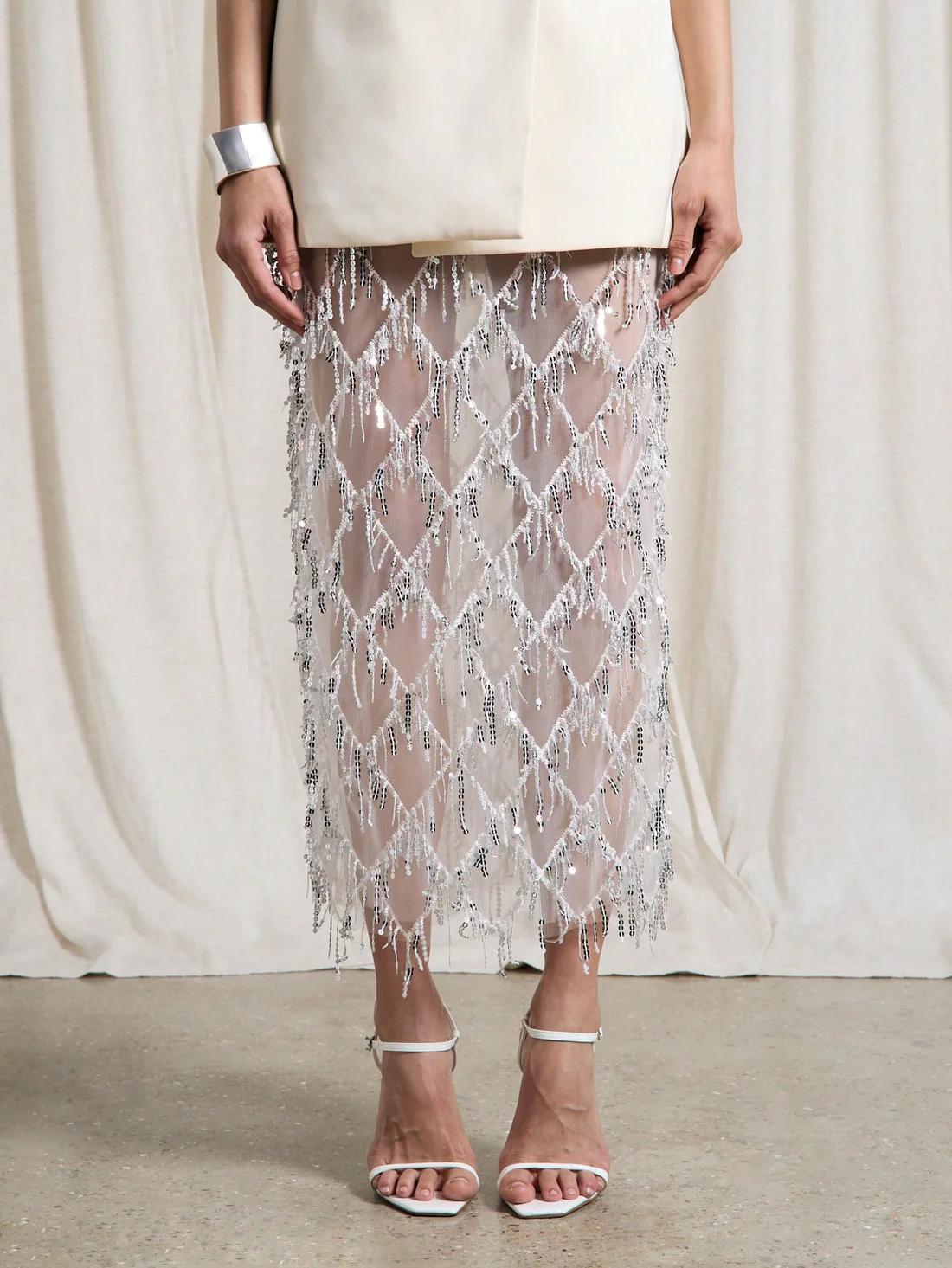 Sheer Mesh Diamond Sequin Fringe Midi Skirt