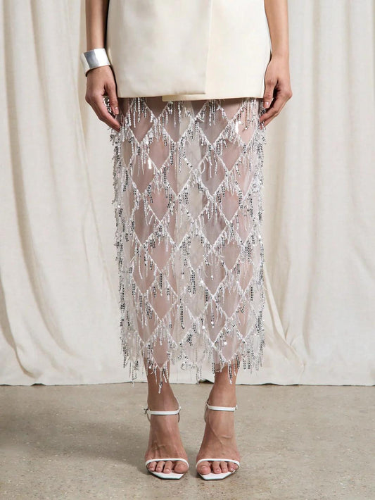 Sheer Mesh Diamond Sequin Fringe Midi Skirt