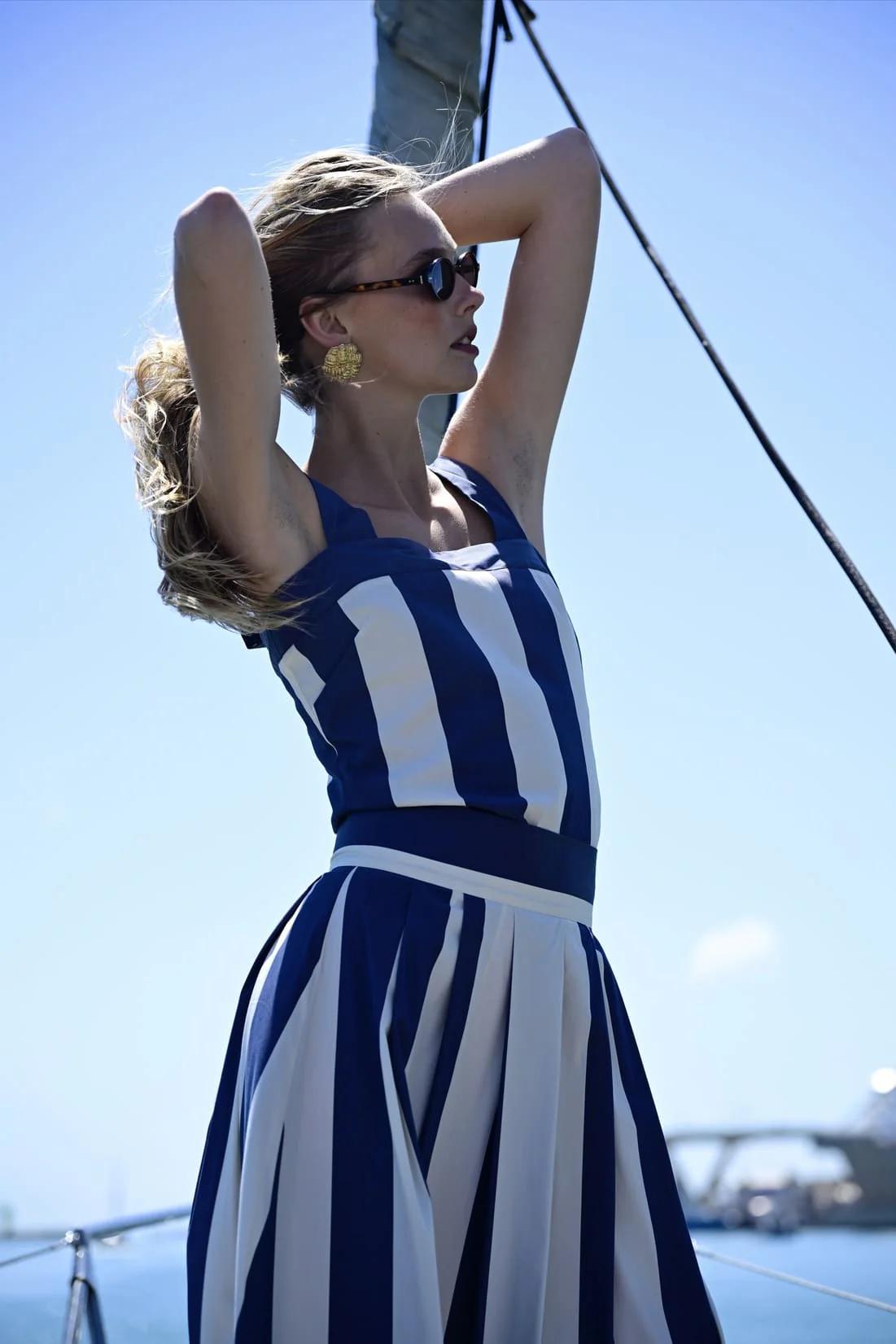 Navy & White Striped One-Shoulder Maxi Dress