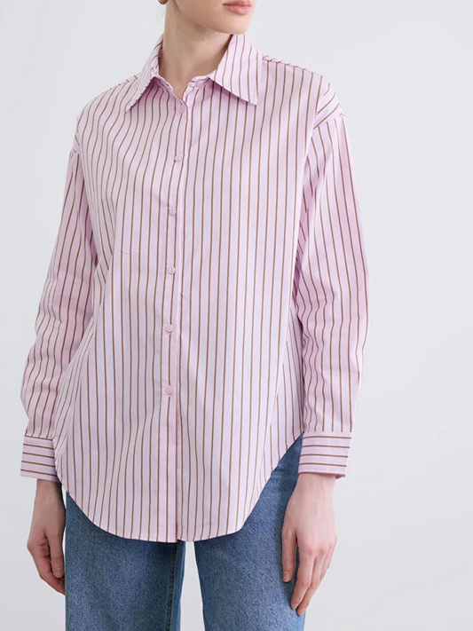 Pink & Brown Striped Oversized Button-Down Shirt