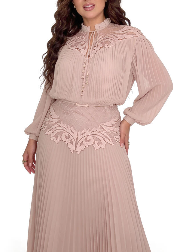 Blush Pleated Lace Maxi Dress