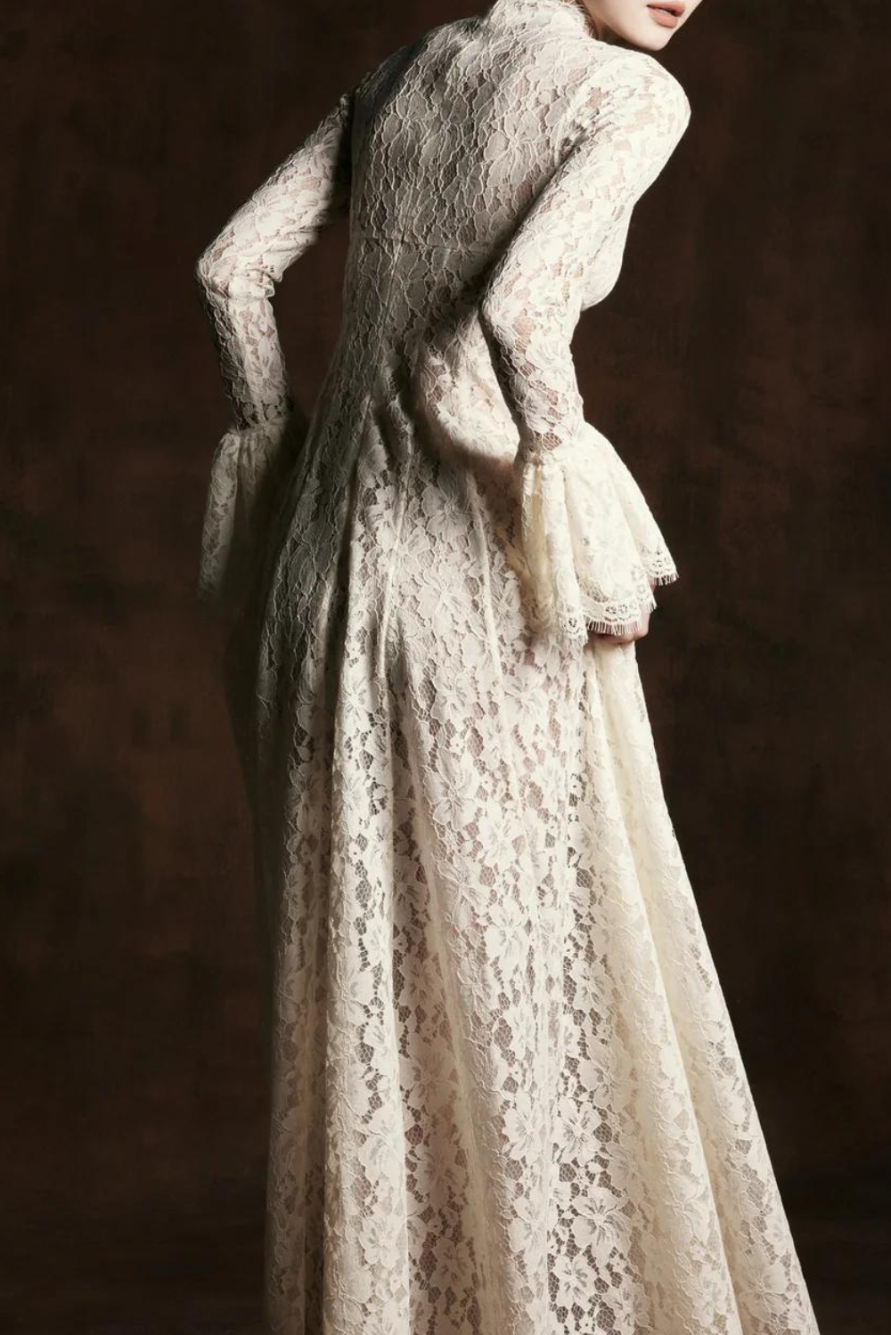 Ivory Lace High-Neck Flare-Sleeve Maxi Gown