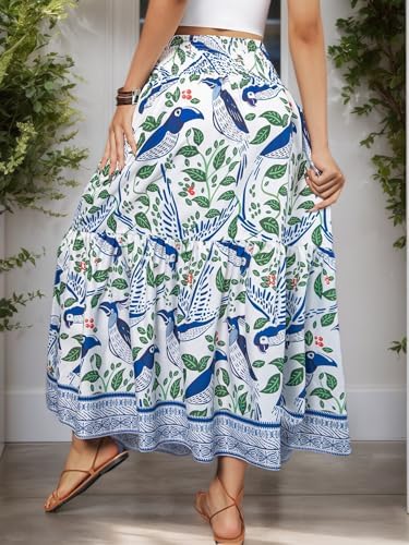 Boho Bird Print Tiered Maxi Skirt
