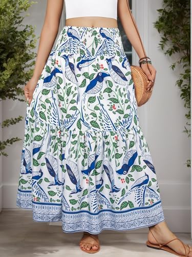 Boho Bird Print Tiered Maxi Skirt