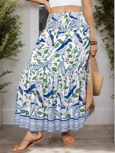 Boho Bird Print Tiered Maxi Skirt