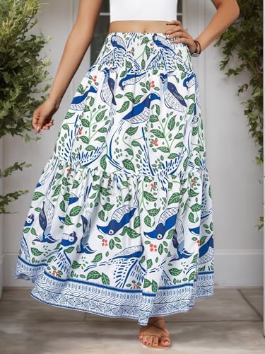 Boho Bird Print Tiered Maxi Skirt
