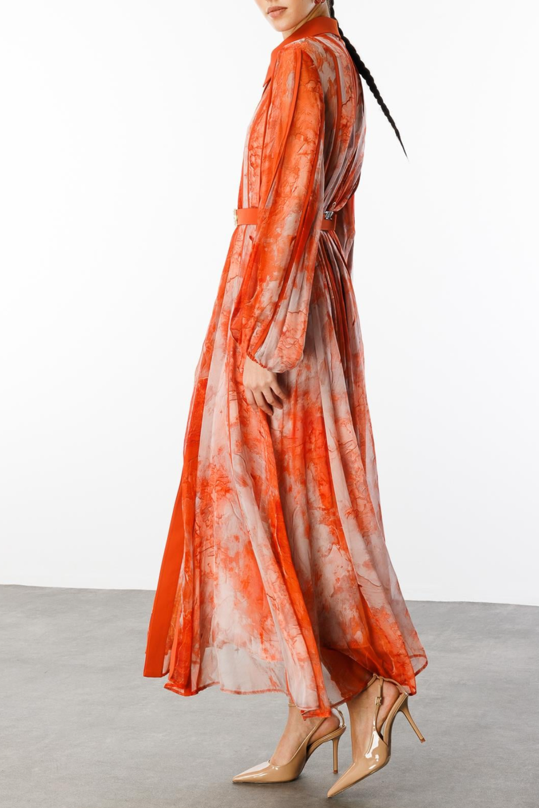 Orange Watercolor Print Organza Maxi Dress
