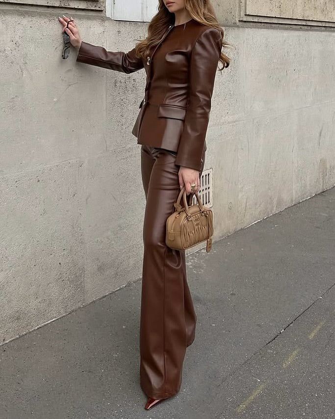 Chocolate Faux Leather Tailored Co-Ord Set (Blazer + Pants)