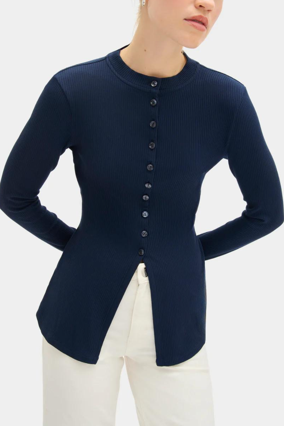 Navy Ribbed Knit Button-Front Long Sleeve Top