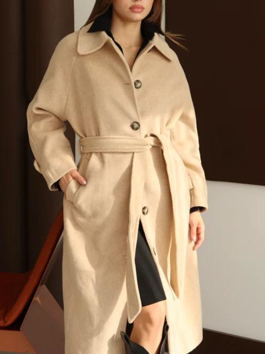 Beige Oversized Belted Wool-Blend Coat