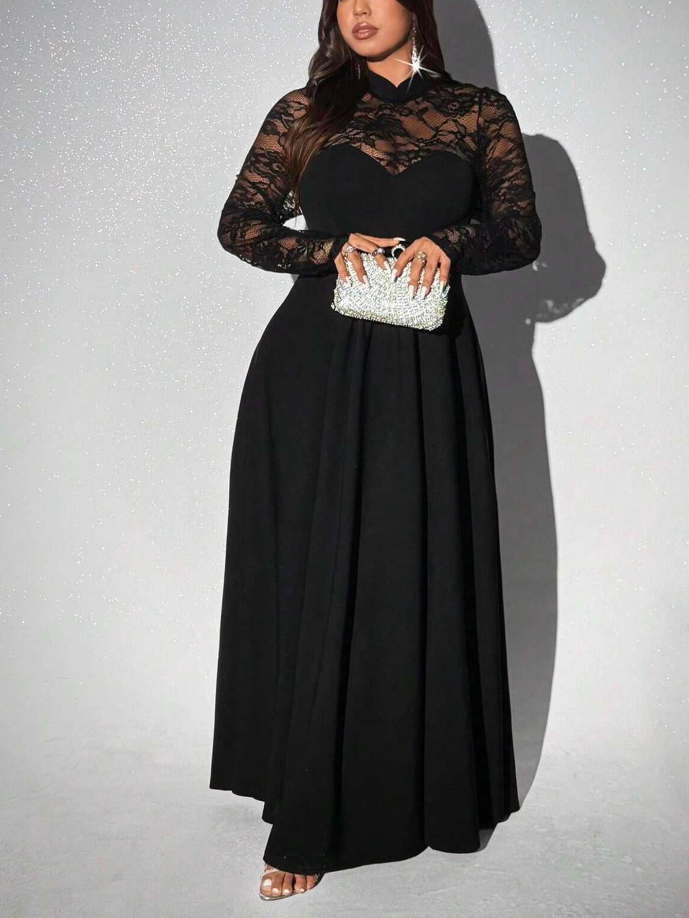 Black Lace Long-Sleeve Maxi Dress