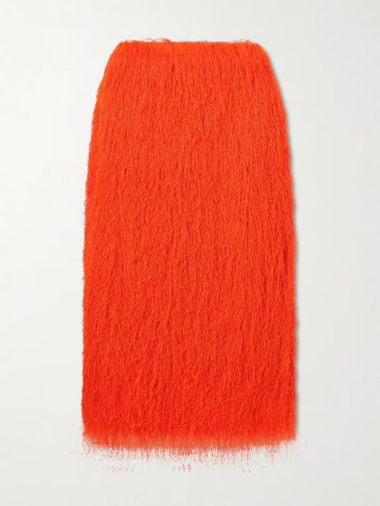 Orange Fringed High-Waisted Midi Skirt