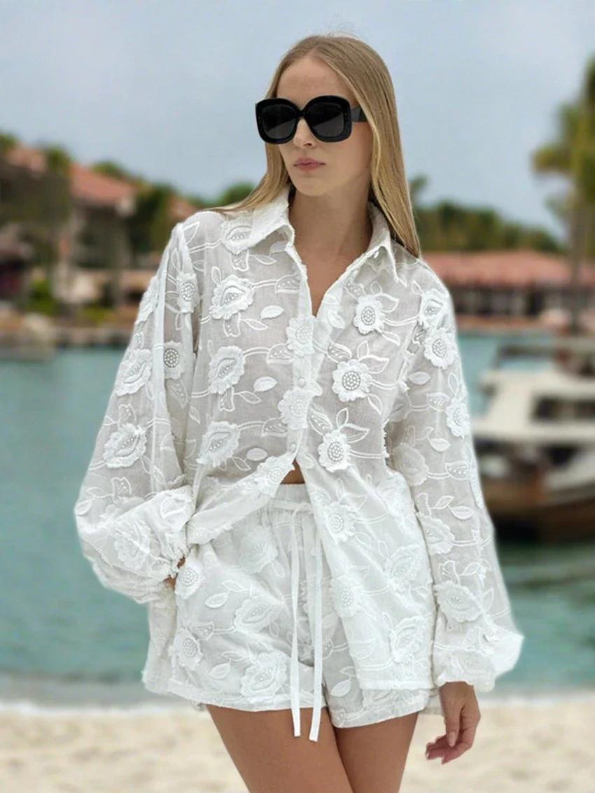 White 3D Floral Embroidered Oversized Button-Down Shirt