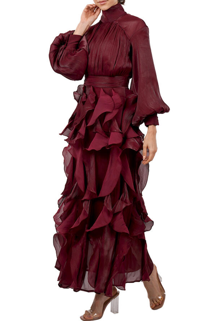 Burgundy Ruffled High-Neck Maxi Dress