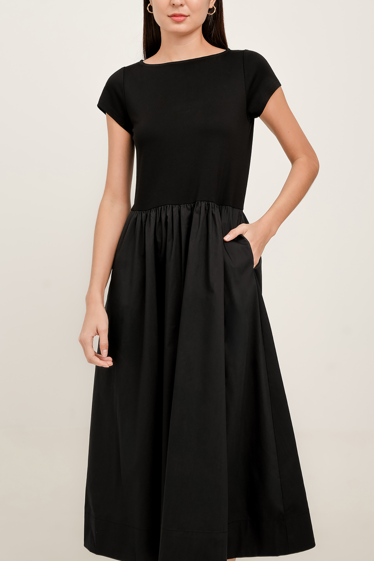 Black Mixed-Media Boat Neck Midi Dress