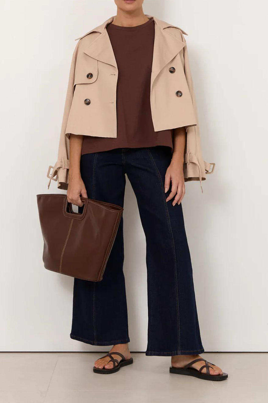 Beige Cropped Double-Breasted Trench Coat