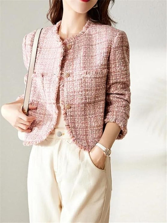 Pink Tweed Fringe-Trim Cropped Jacket