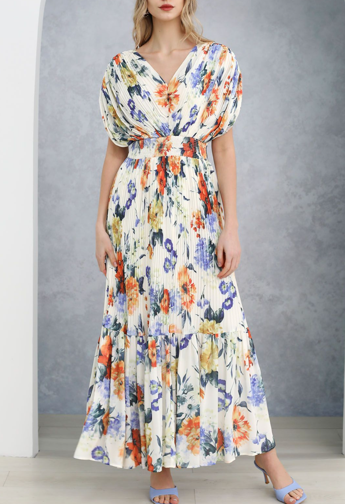 Vibrant Floral Print Pleated Tiered Maxi Dress