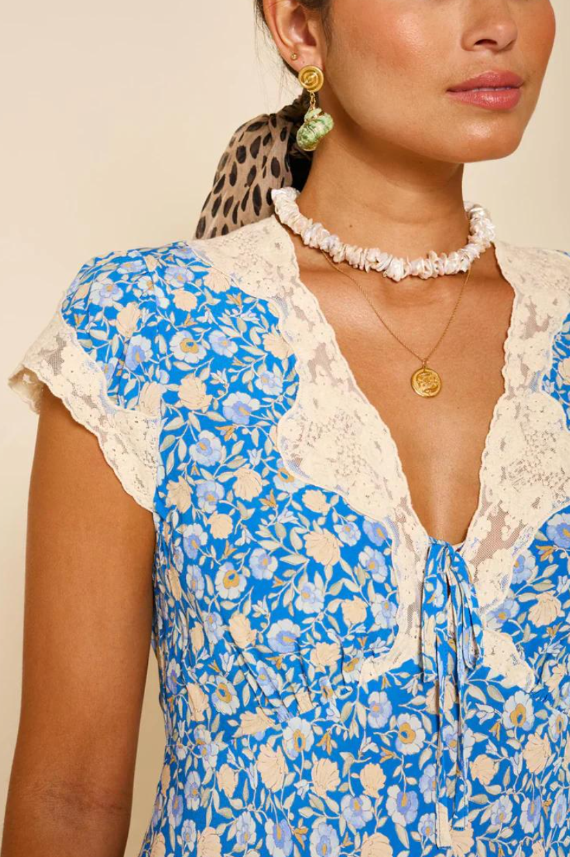 Blue Floral Print Lace Trim Smocked Maxi Dress